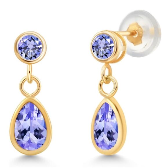 14K Yellow Gold with 1.19 Cttw Blue Tanzanite Dangling Post Back Drop Earrings - Picture 2 of 4